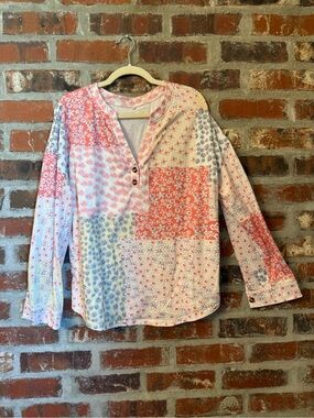 T126 - Patchwork Floral Long-Sleeve Women’s Top in Coral Pink